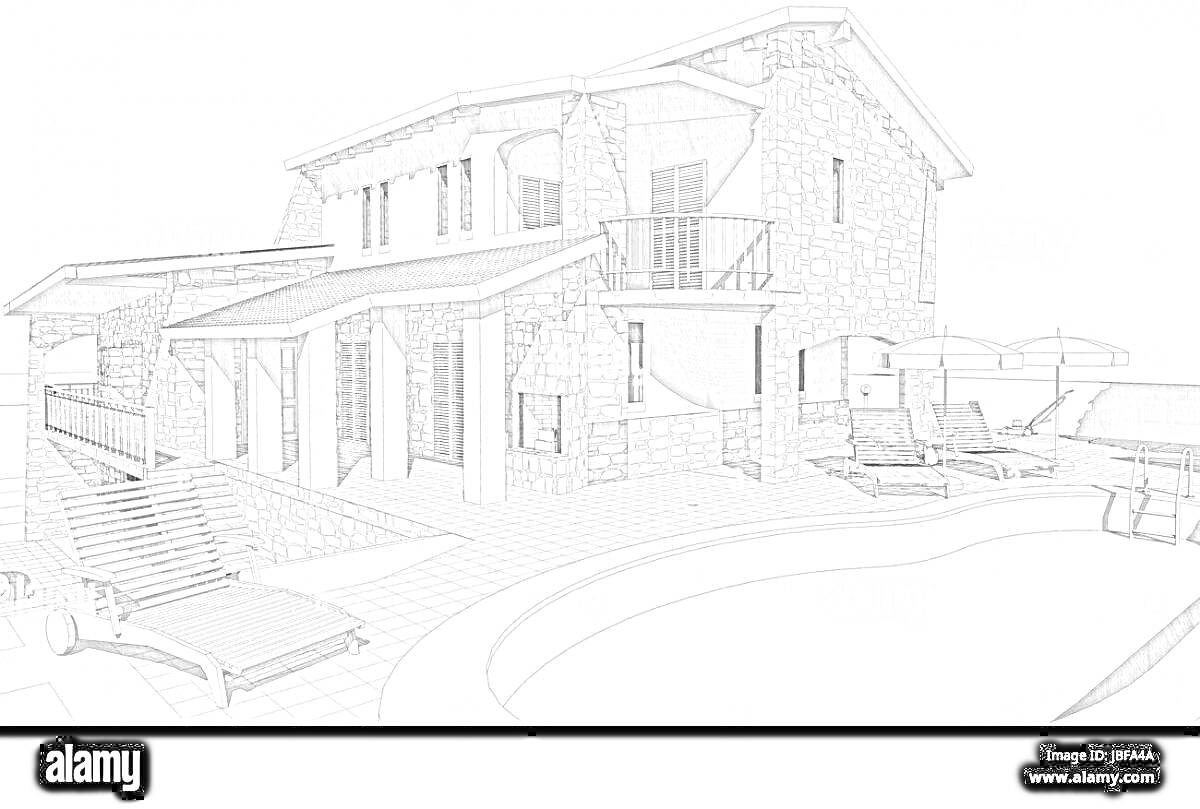 На раскраске изображено: Дом, Бассейн, Лежаки, Терраса, Балкон, Крыша, Веранда, Окна, Лестница, Архитектура