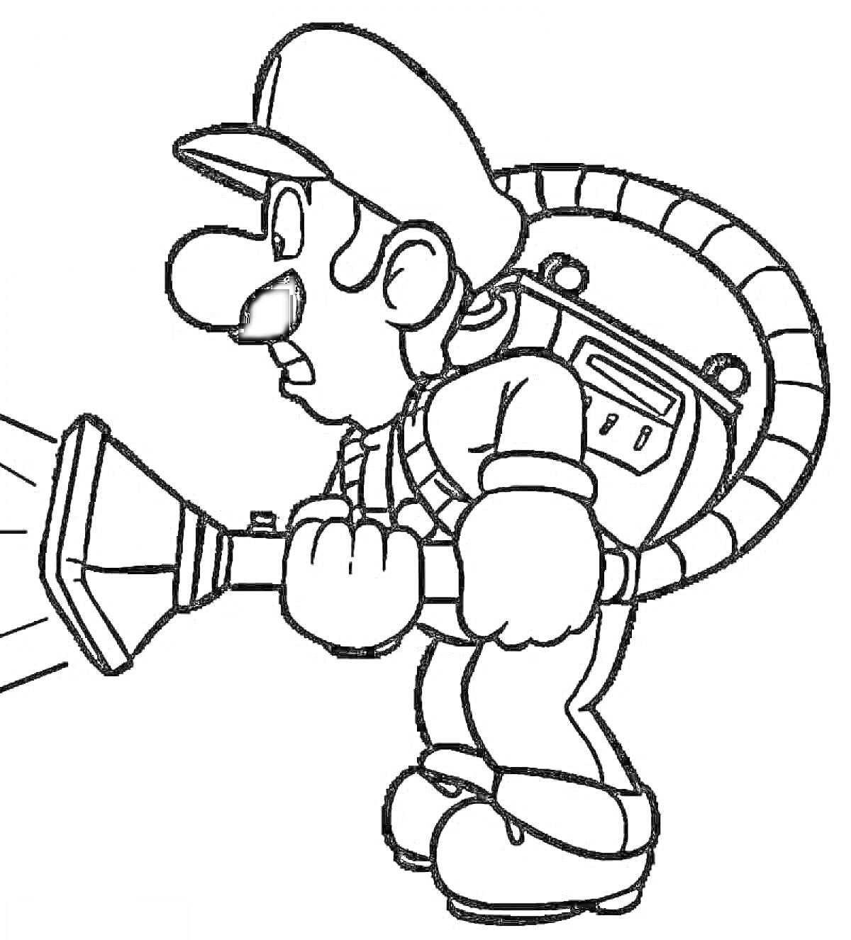 Раскраска мужчина в кепке и наушниках с пылесосом на спине, вид сбоку