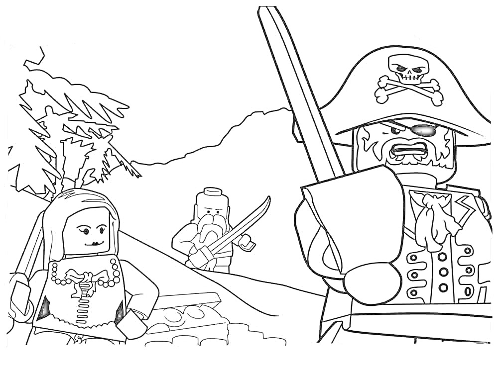 Раскраска Лего пираты на острове, пират с саблей и капитан в шляпе на переднем плане, лес на заднем плане, пираты