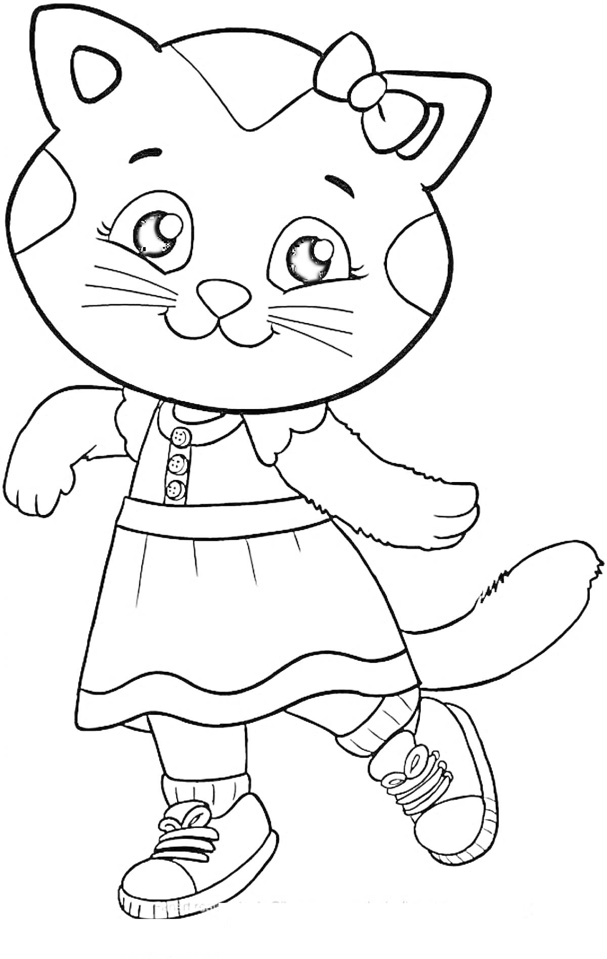 Раскраска Кошка с бантом на голове в платье и кроссовках