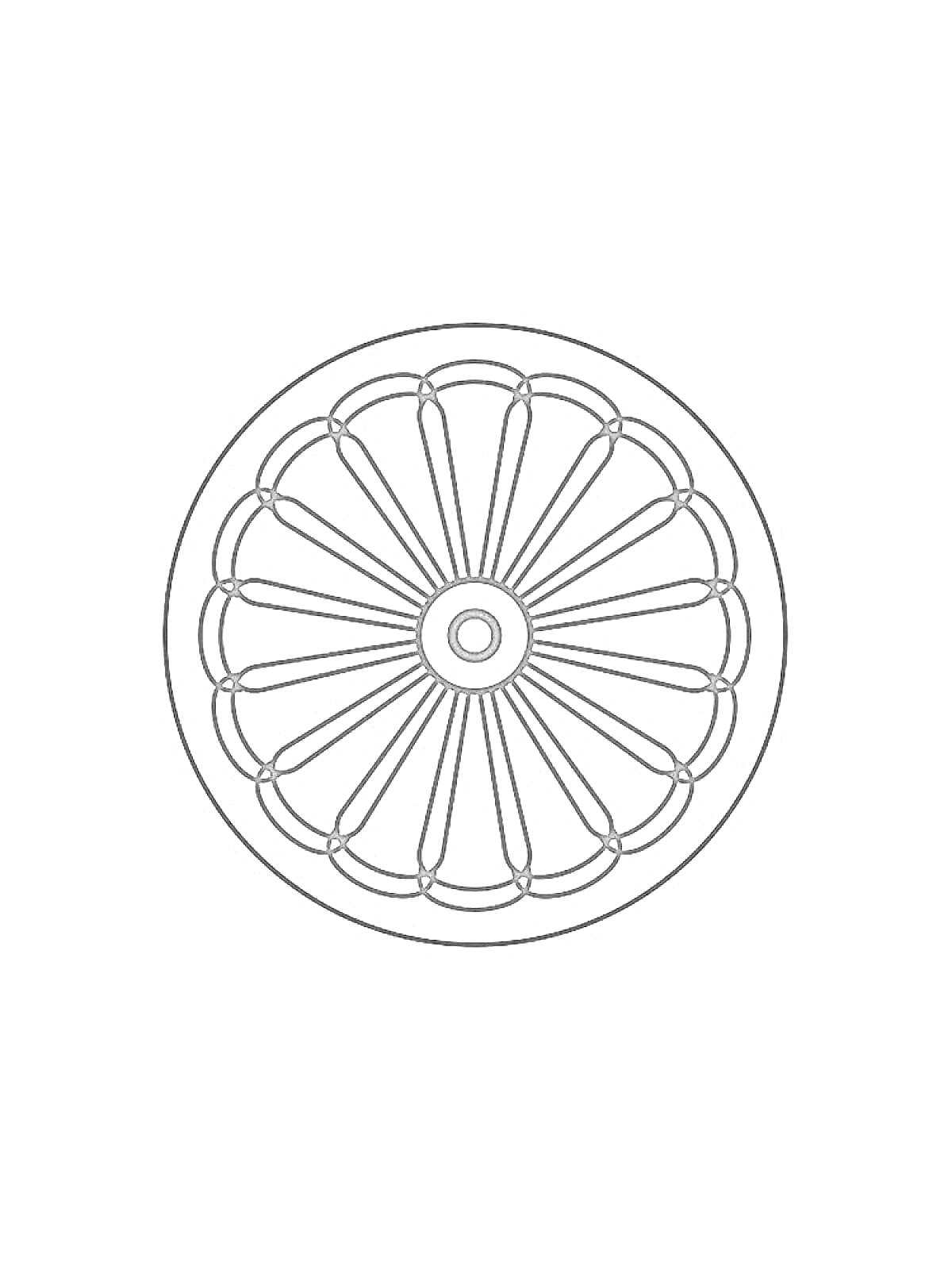 Раскраска колесо с декоративными спицами и узорами