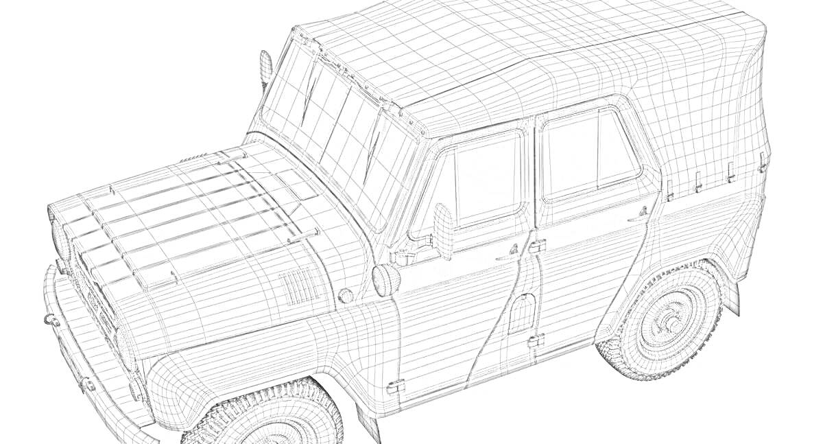 УАЗ 469 с мягким верхом и решёткой радиатора в сетке, внешние двери и окна прорисованы, вид с угла сверху