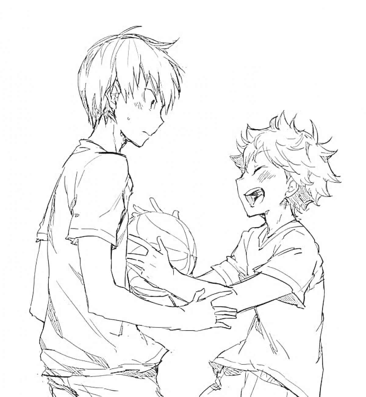 Раскраска Два аниме персонажа играют в волейбол, один держит мяч