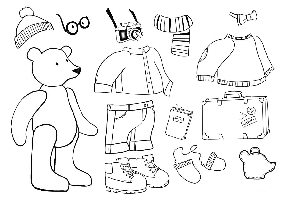 Раскраска Бумажная кукла - медвежонок с одеждой и аксессуарами (шапка, очки, фотоаппарат, шарф, куртка, кофта, ноутбук, чемодан, брюки, ботинки, носки, варежка)