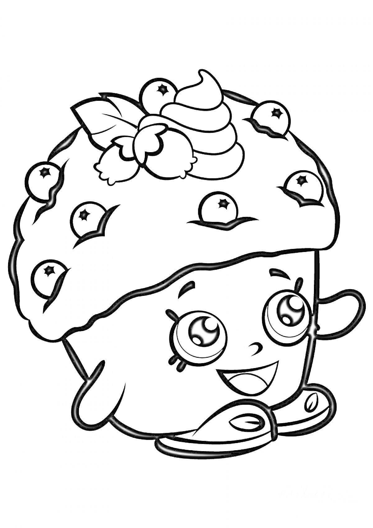 Раскраска Кекс с ягодами и листьями, улыбающийся с большими глазами и тапочками