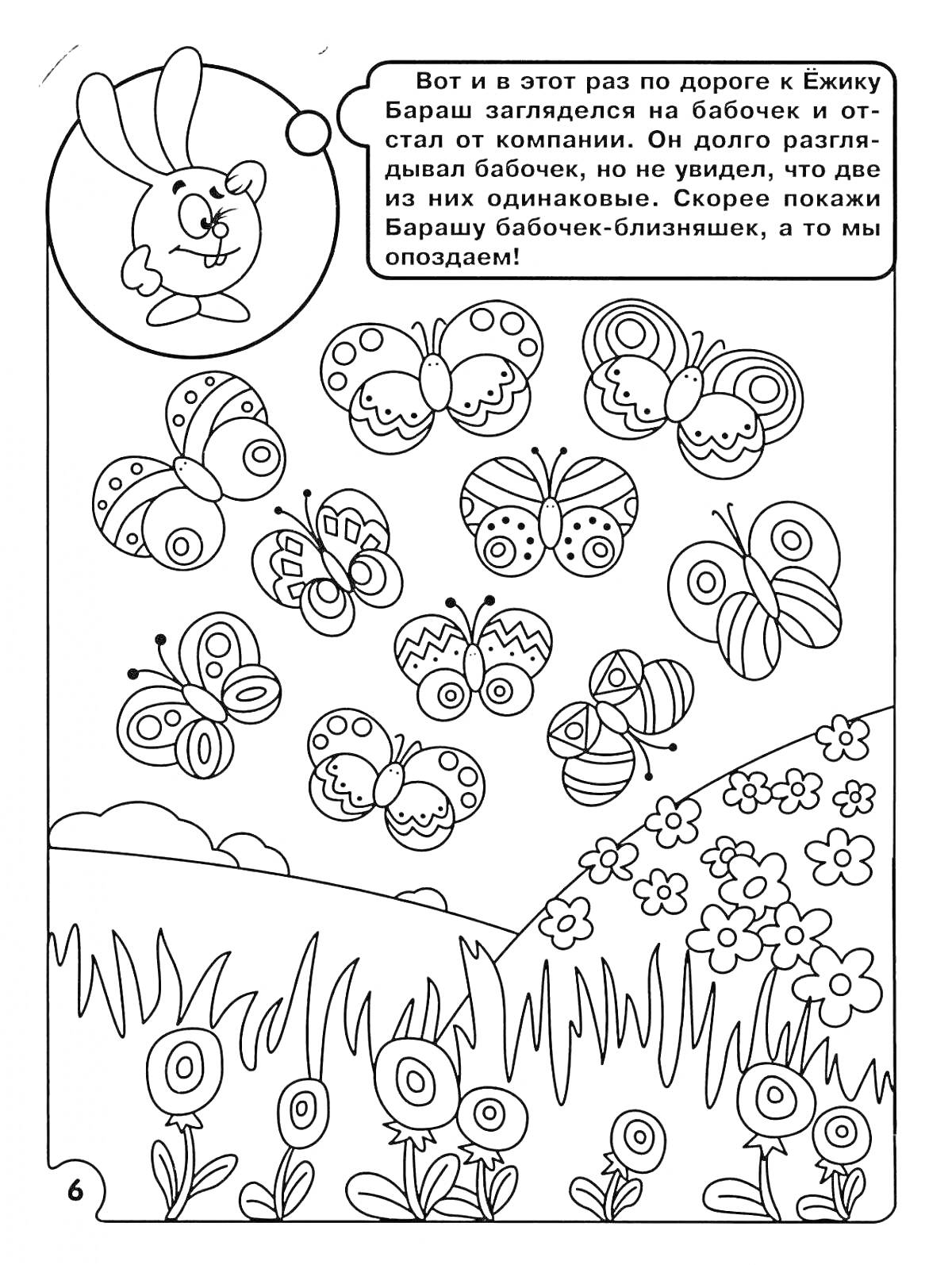 Раскраска Поле с цветами и бабочками, где нужно найти два одинаковых