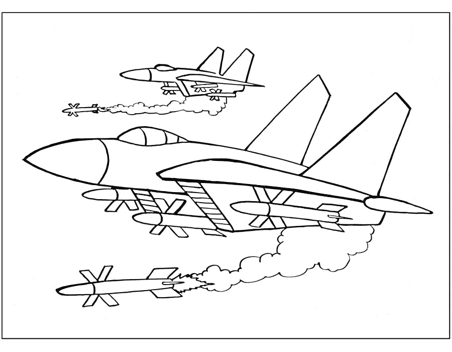 Раскраска Военные самолеты и ракеты в полете