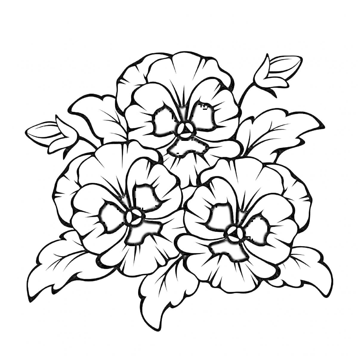 На раскраске изображено: Цветы, Три цветка, Листья, Бутон, Природа