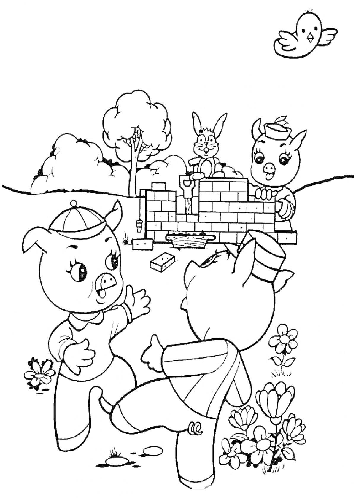 Два поросенка играют, третий поросенок строит кирпичную стену, рядом стоит заяц, сверху летает птичка, дрова, лопата, дерево и цветы в окружающей среде