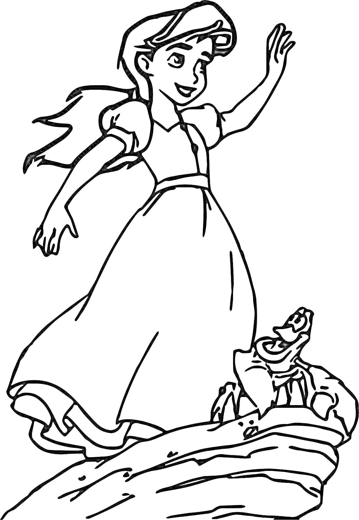 Раскраска Девушка в длинном платье с распущенными волосами и черепаха на камне