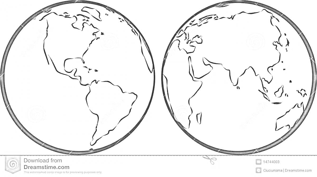 Раскраска Карта мира с контурами материков и океанов в двух кругах