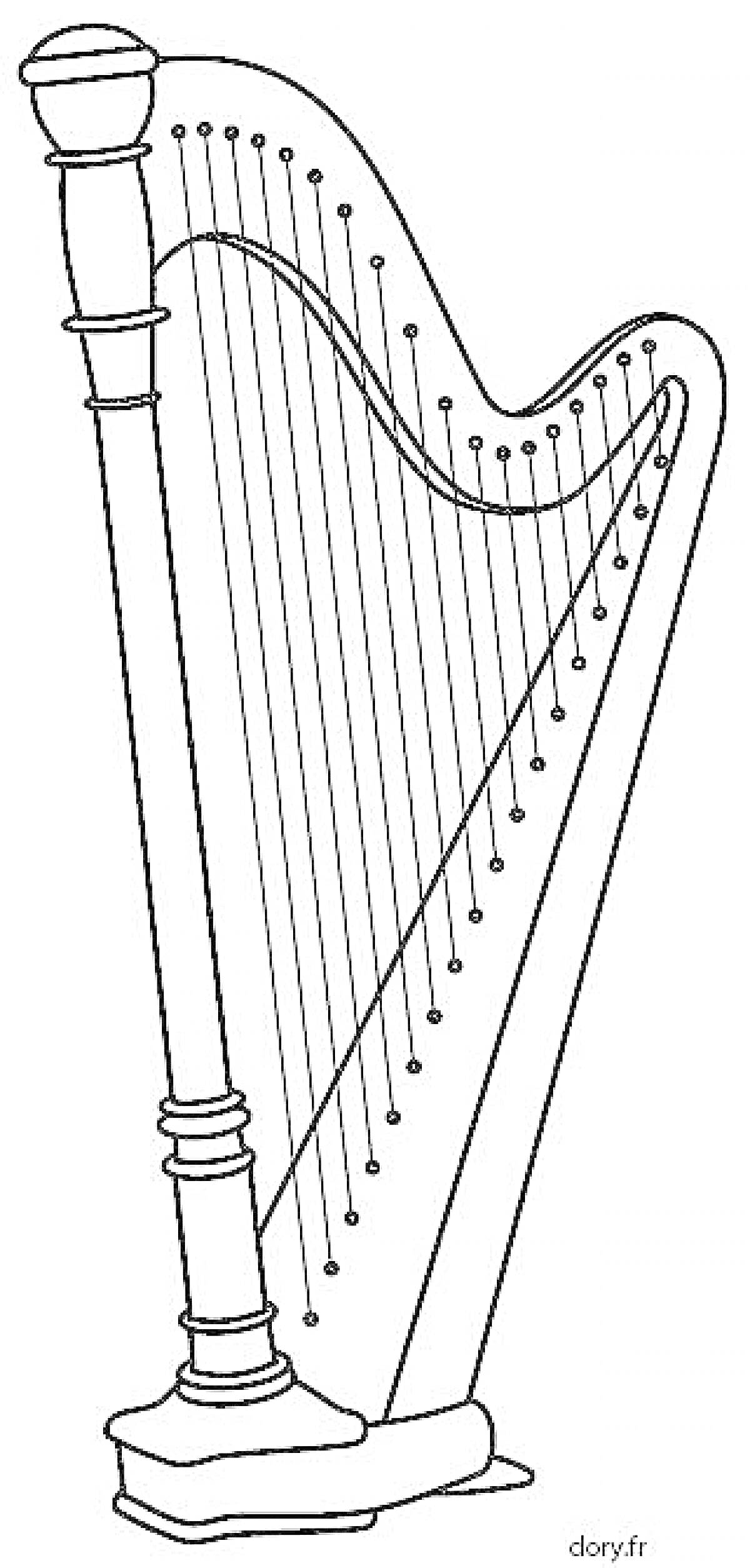На раскраске изображено: Арфа, Музыкальный инструмент, Струны, Колонны