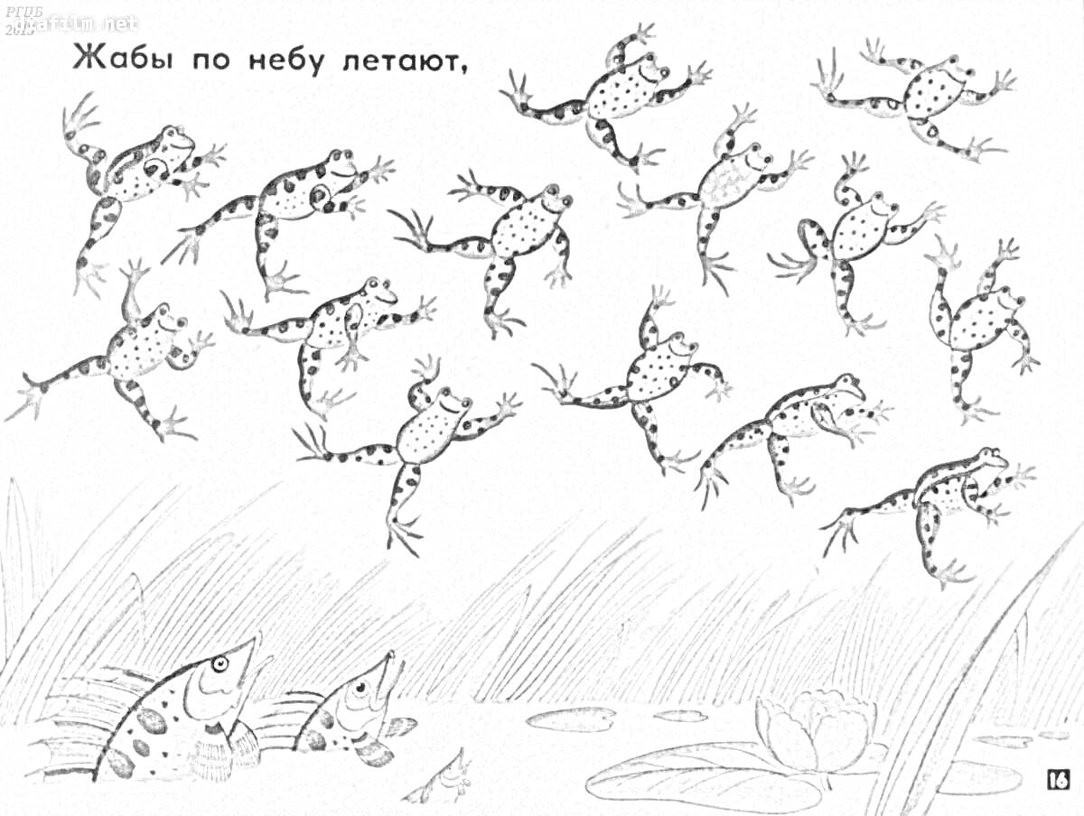 Летающие жабы над прудом с лягушками и кувшинками