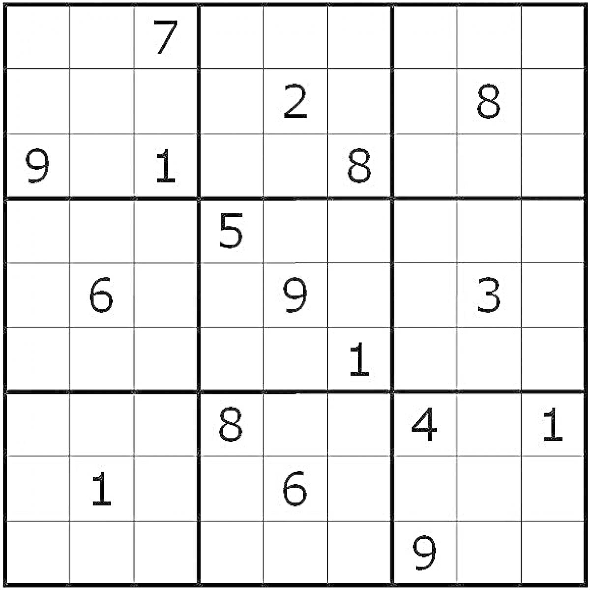 Судоку головоломка 9x9 с цифрами 1, 2, 3, 4, 5, 6, 7, 8, 9