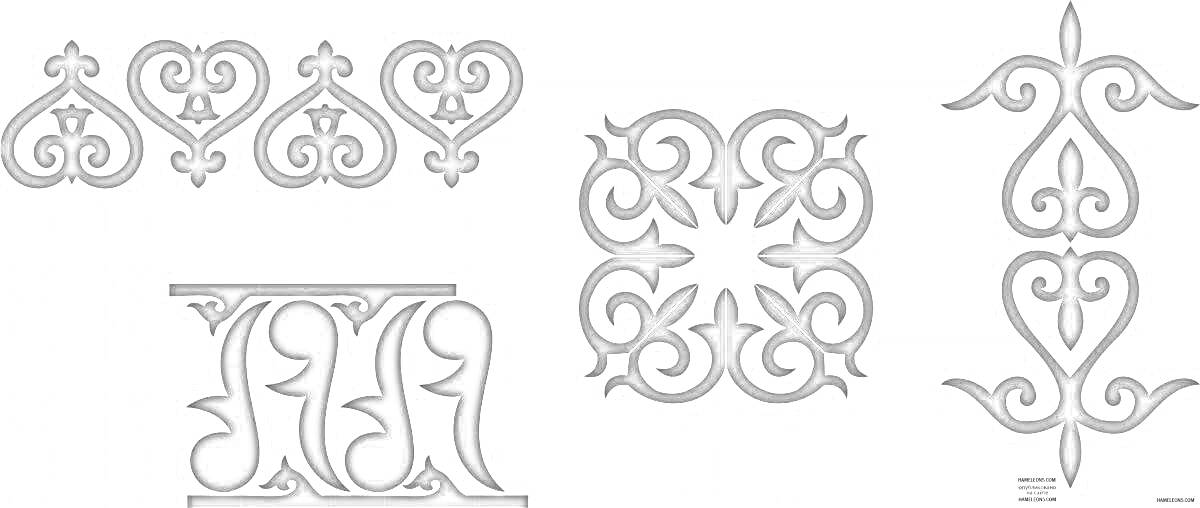 Раскраска Четыре узора с элементами қошқар мүйіз: сердцевидный орнамент, квадратный орнамент с вращением, повторяющийся зеркальный узор, вытянутый вертикальный орнамент.