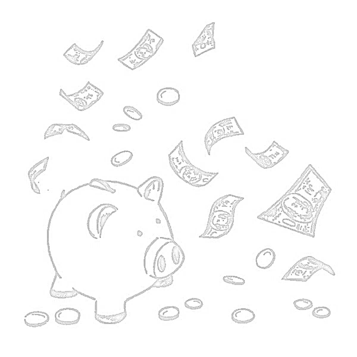 На раскраске изображено: Копилка, Монеты, Деньги, Финансы, Банкнота, Свиньи