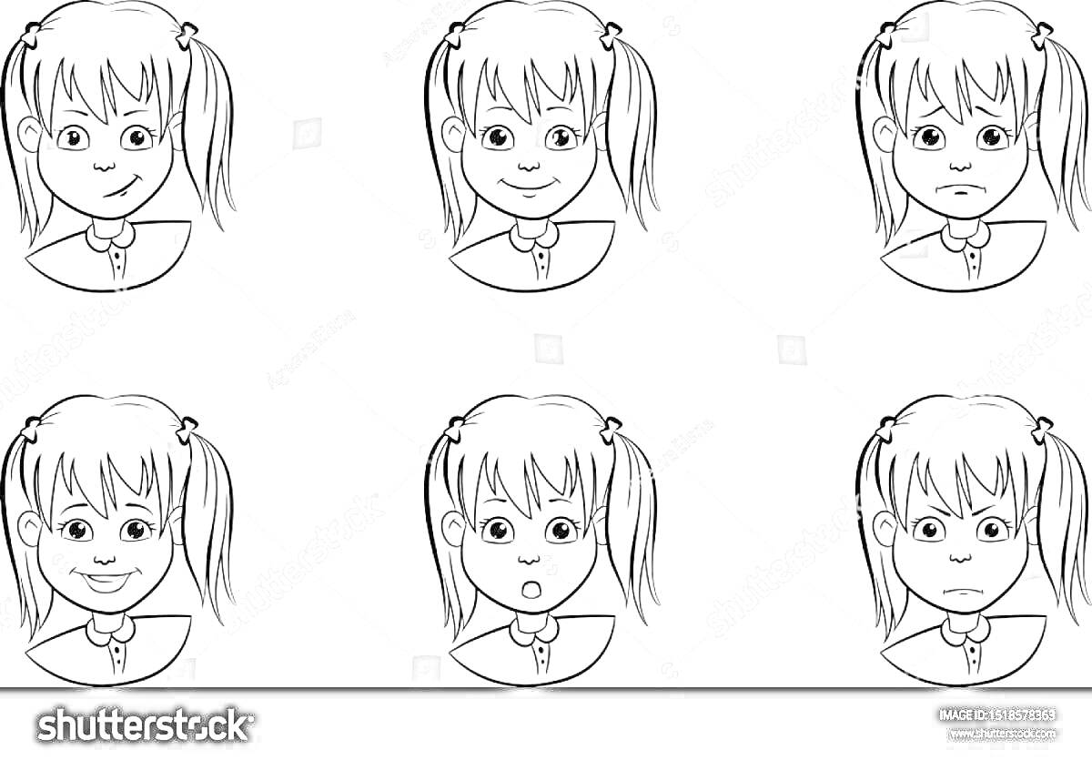 Раскраска Девочка с хвостиками, показывающая разные эмоции (радость, нейтральная, грусть, улыбка, удивление, страх)