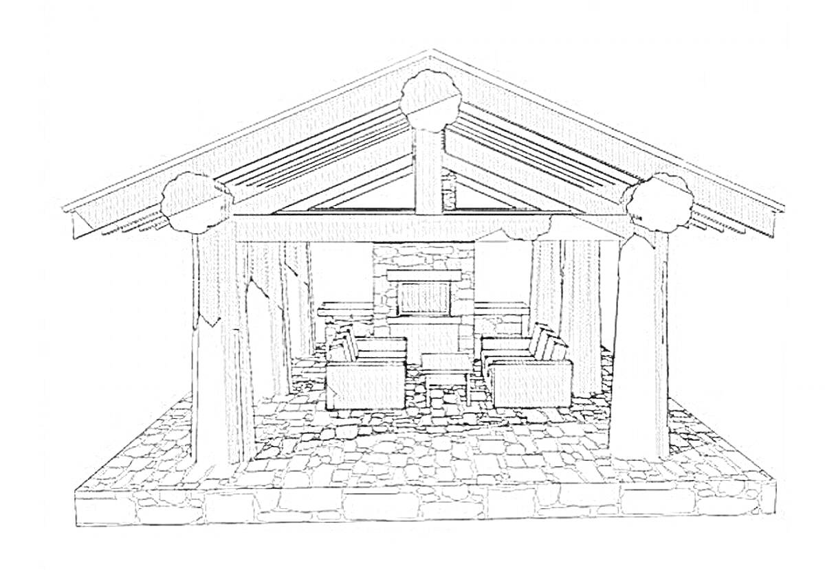 Раскраска Беседка с каменной облицовкой, креслами и столом