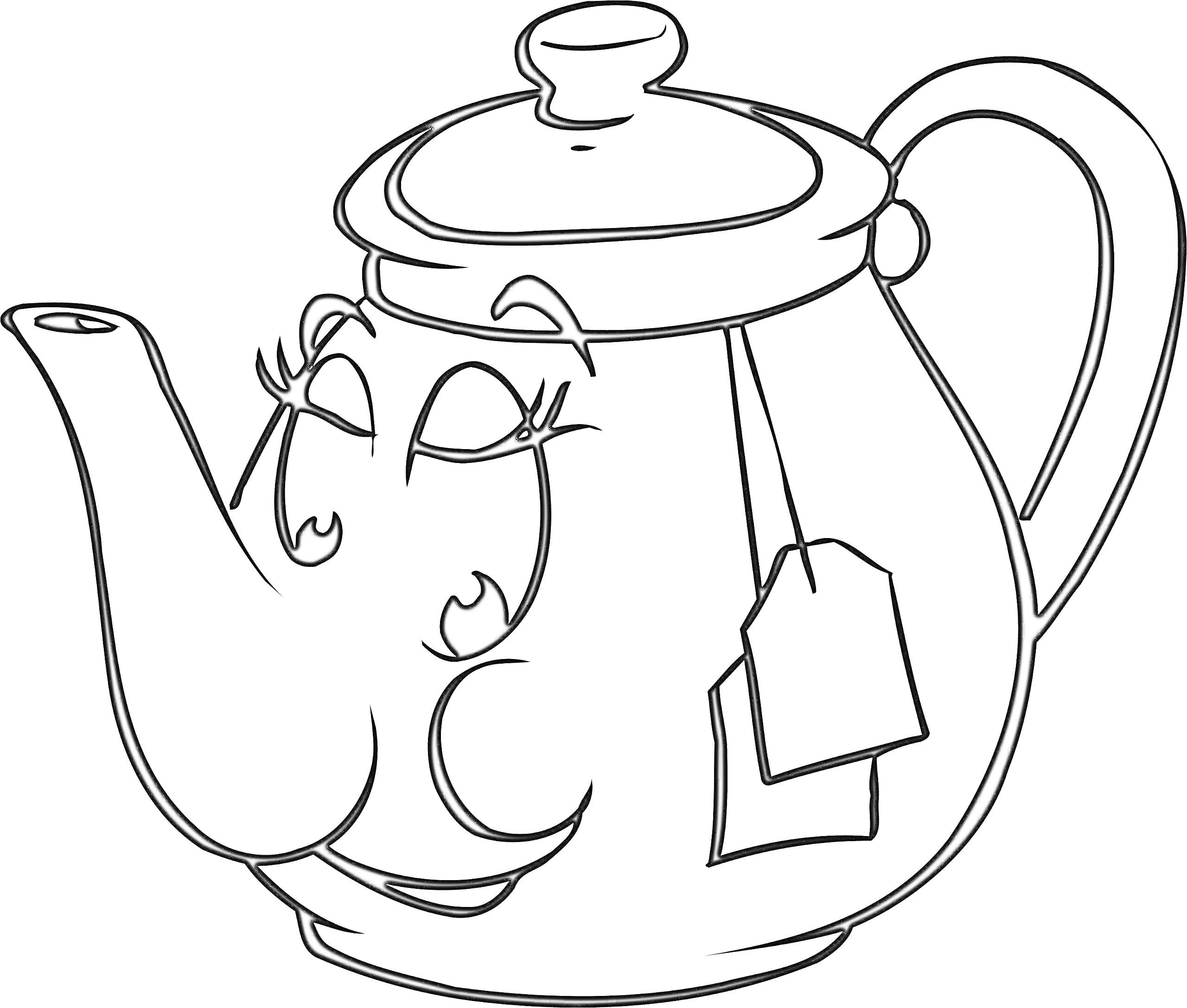 На раскраске изображено: Лицо, Чайный пакетик, Посуда, Развивающие, Чай, Улыбка, Кухонные принадлежности, Для детей, Чайники
