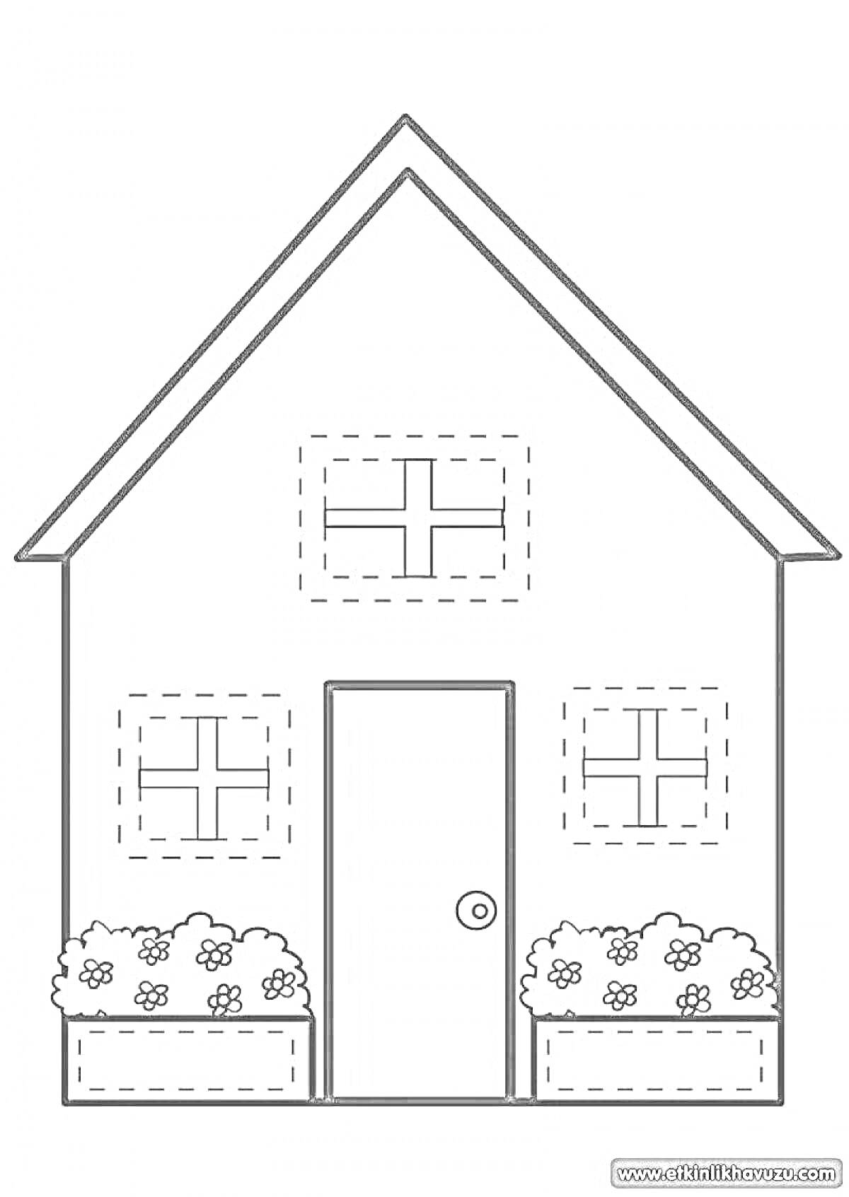 Раскраска Дом с крышей, дверью, тремя окнами и клумбами