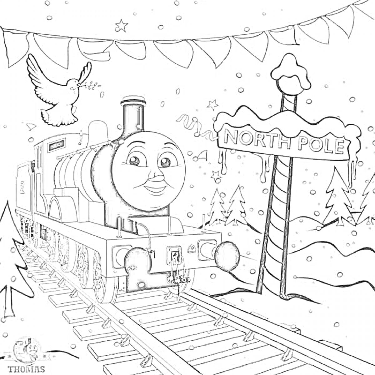 Раскраска Паровозик Чарли едет на Северный Полюс, сопровождаемый летящей голубкой; железная дорога идет через зимний лес, украшенный гирляндой