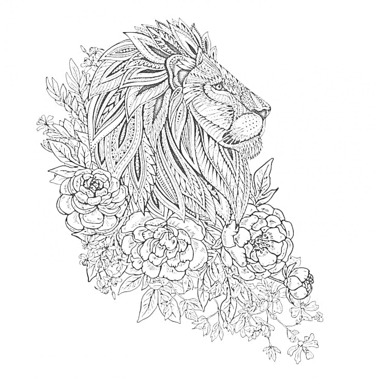 Раскраска Лев с цветочной гривой: голова льва с декоративной гривой, украшенной цветочными элементами, окруженная крупными розами и листьями.