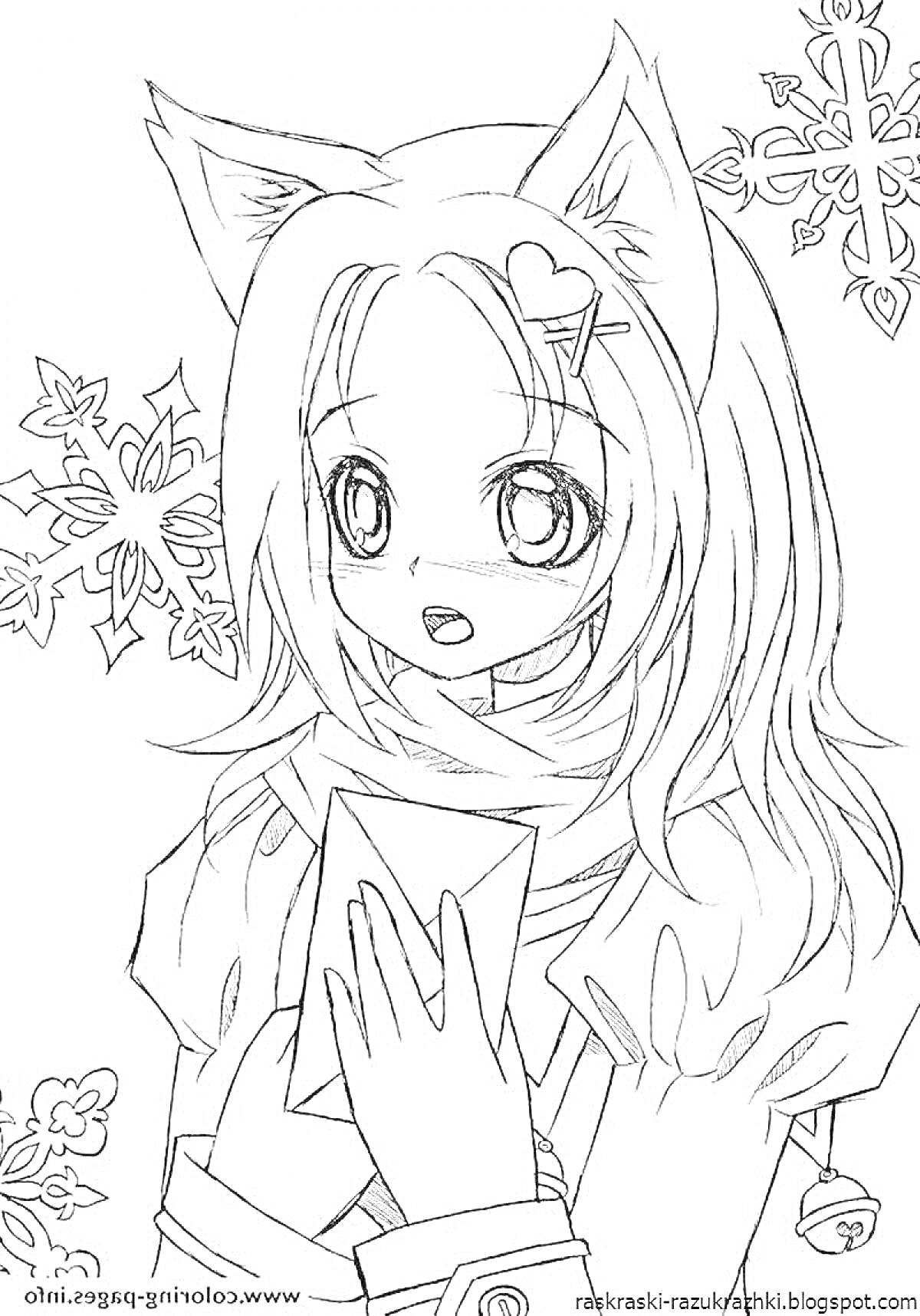 Раскраска Девочка-аниме с кошачьими ушами и письмом на фоне снежинок
