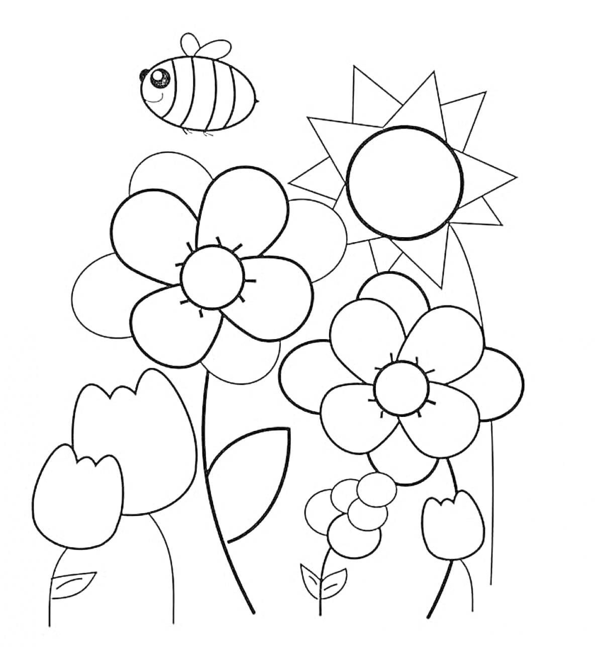 Раскраска Цветы с пчелой и солнцем