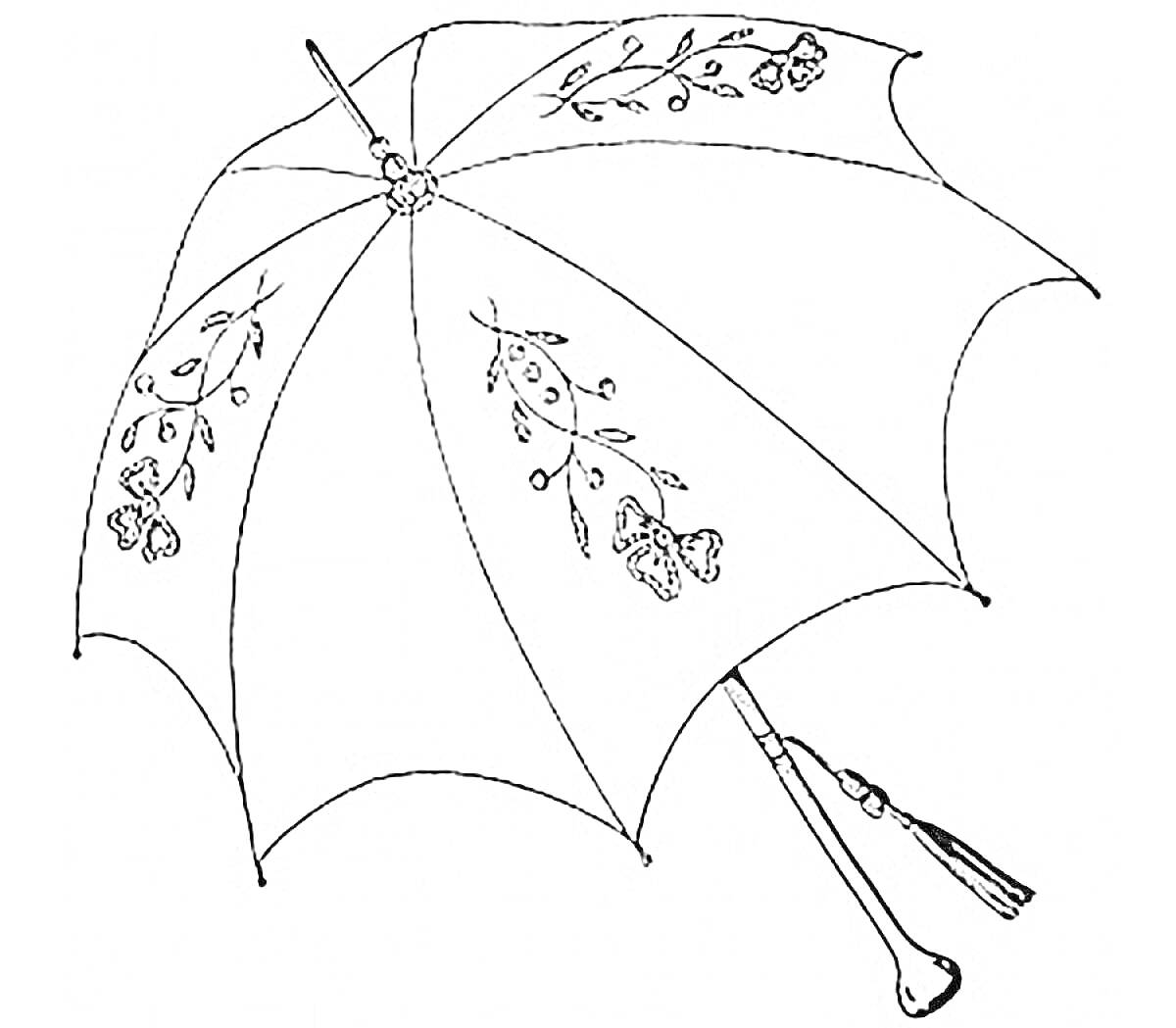Раскраска Зонт с рисунками бабочек и листвы