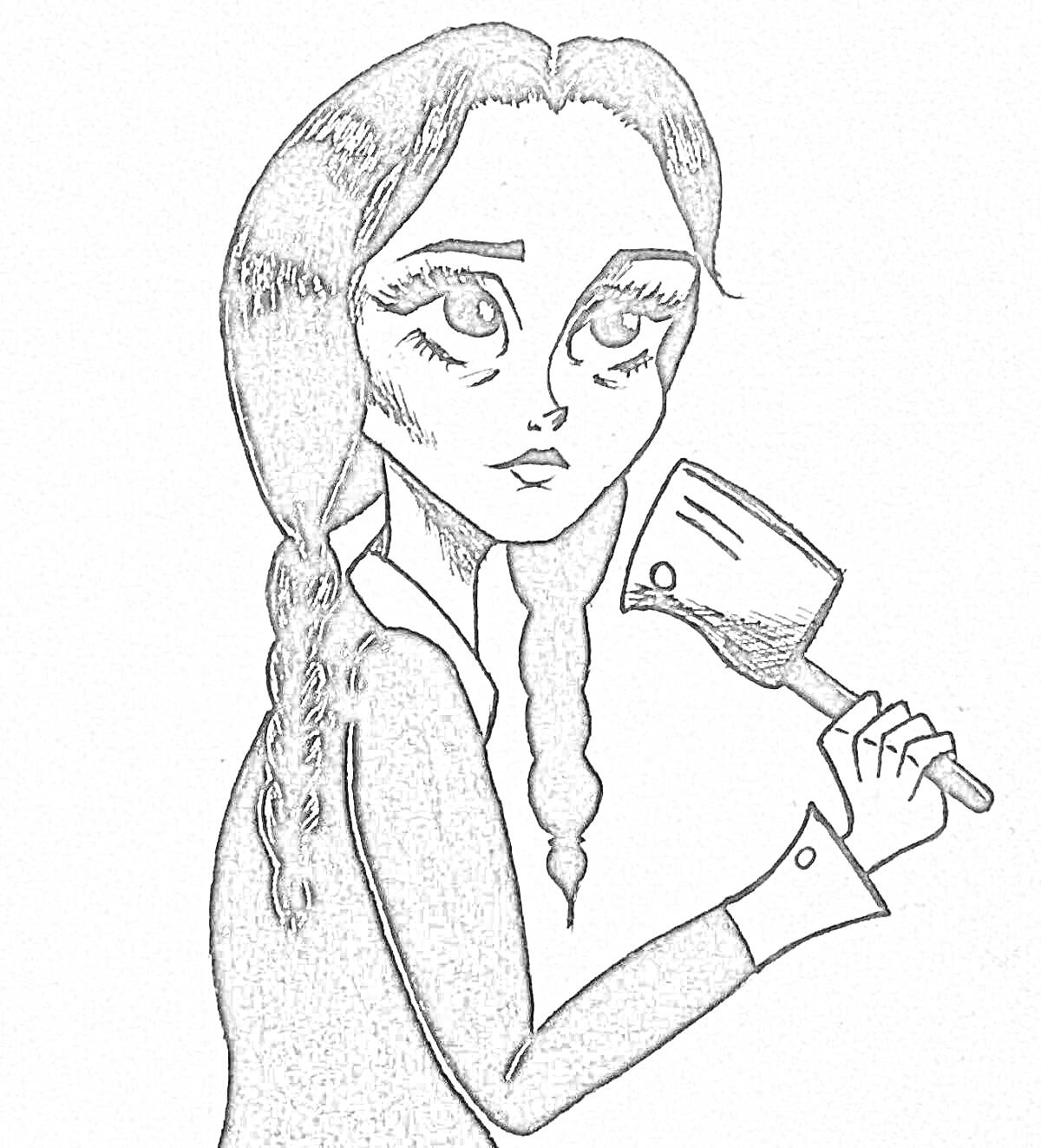 Раскраска Девочка с двумя косичками и тесаком из фильма Венсдей