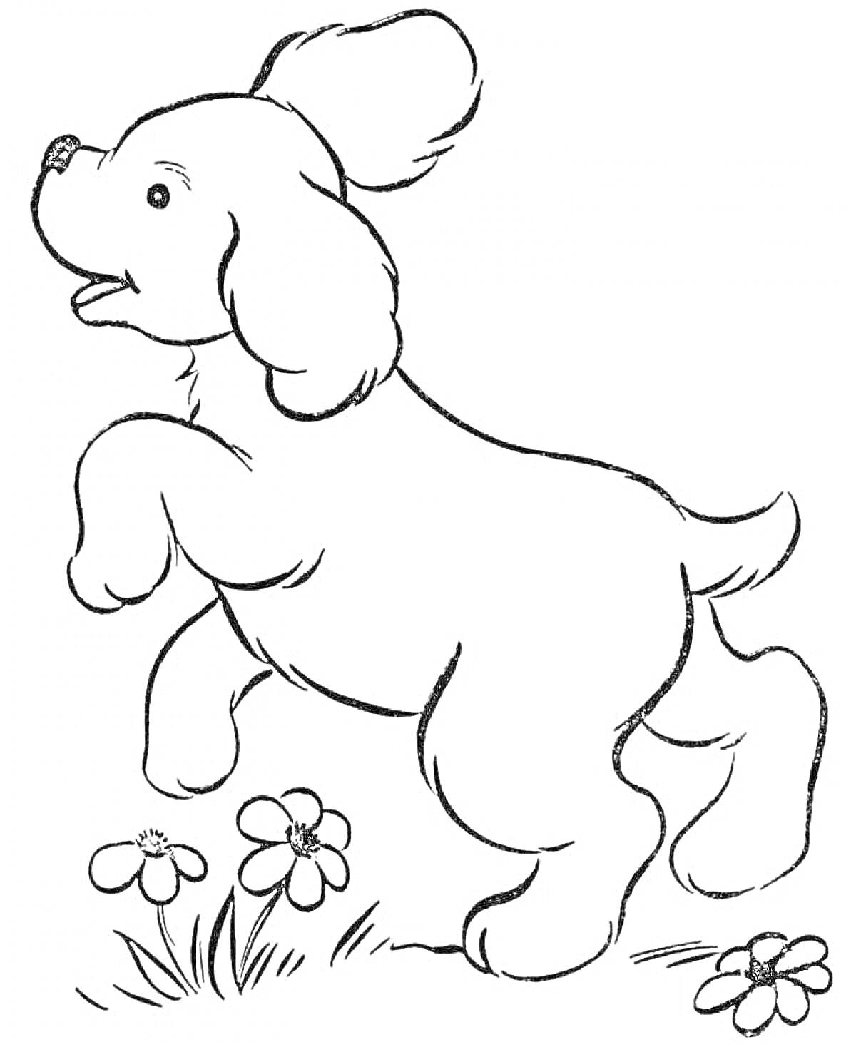 Раскраска Маленькая игривая собачка, прыгающая на поляне среди цветов