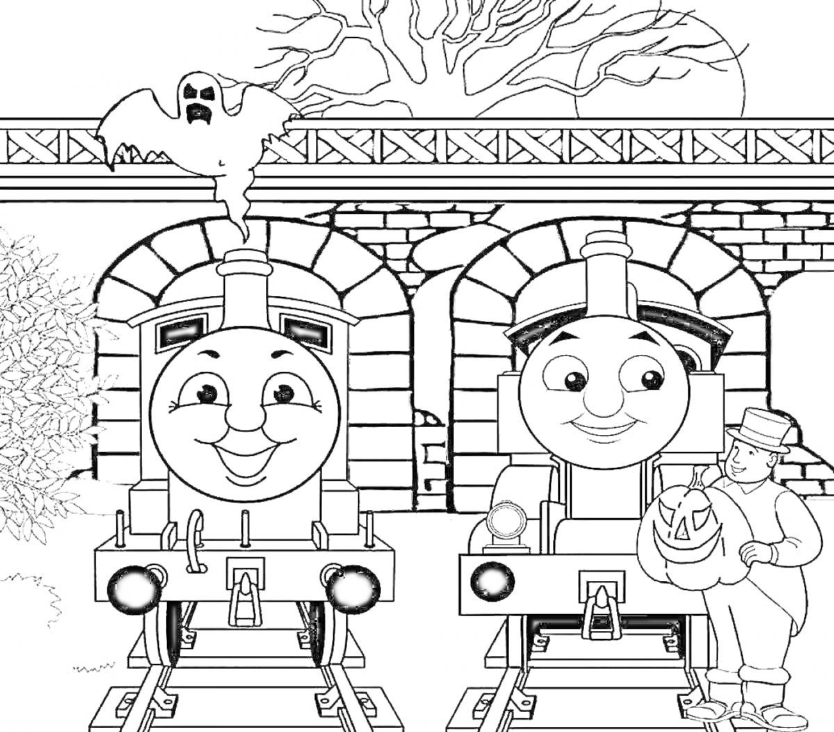 РаскраскаПаровозы Томас и Джеймс на станции, привидение, дерево, человек с тыквой