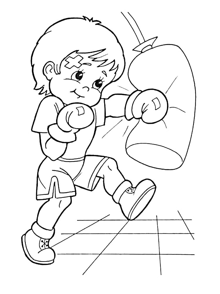 Раскраска Мальчик-боксер с пластырем на лбу отрабатывает удар по боксерской груше
