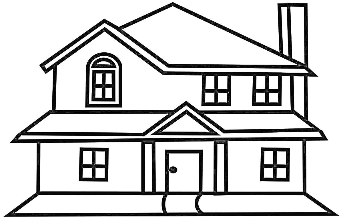 На раскраске изображено: Дом, Окна, Дверь, Труба, Крыша, Двухэтажный дом, Дороги