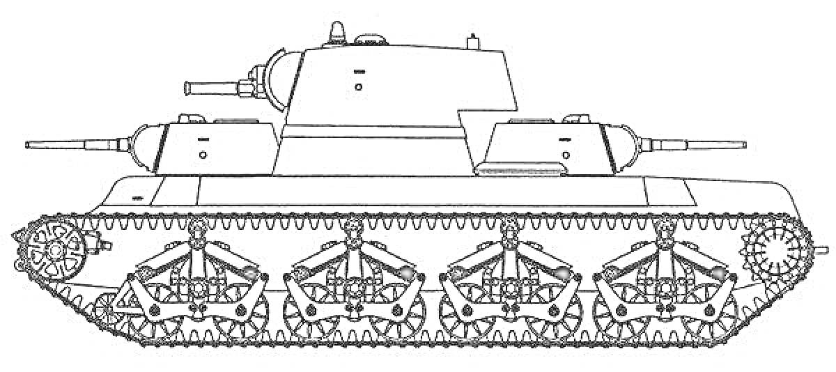 На раскраске изображено: Танк, Т-35, Армия, Военная техника, Гусеницы, Оружие, Пушка