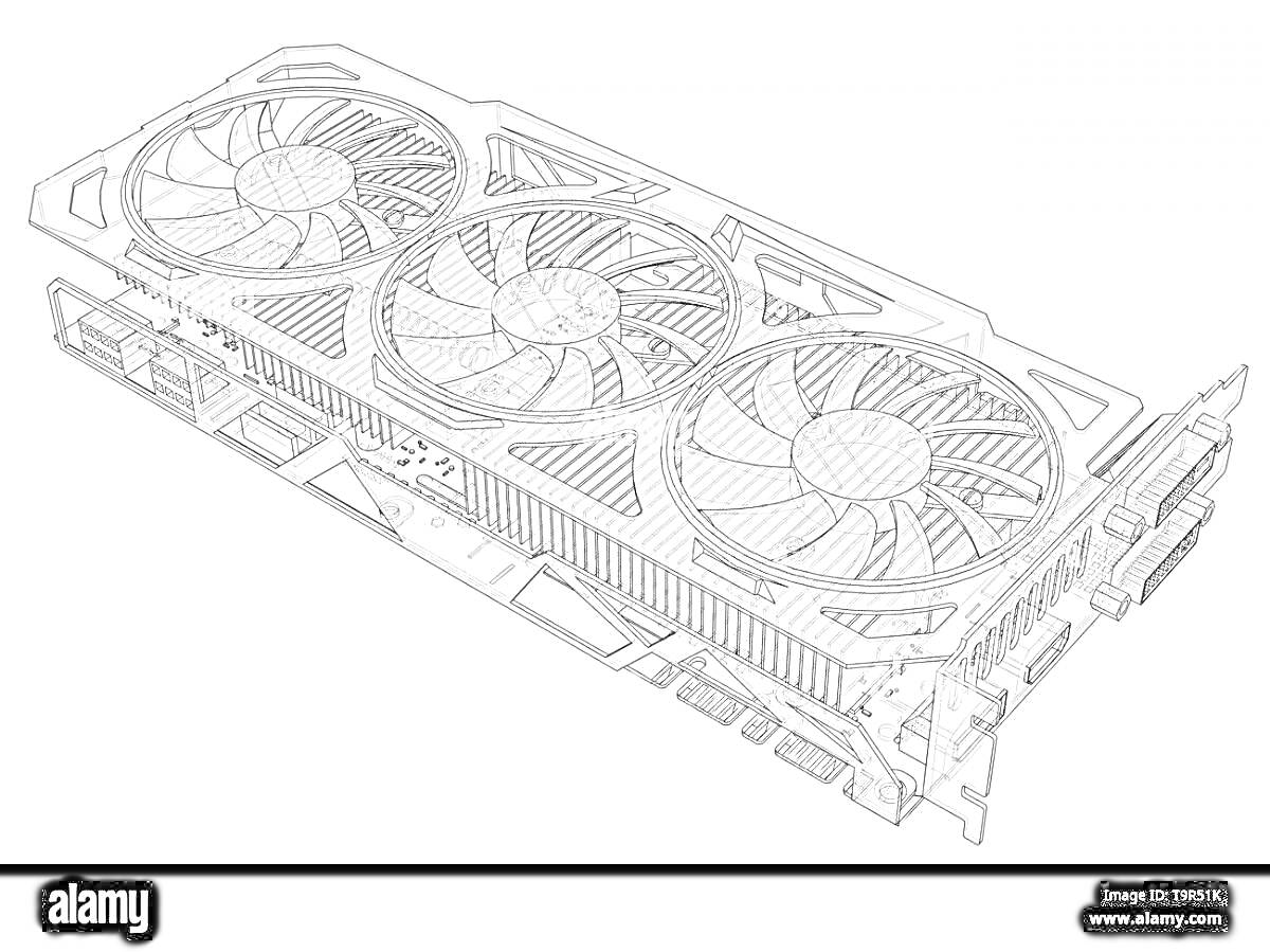 Видеокарта с тремя вентиляторами и элементами охлаждения