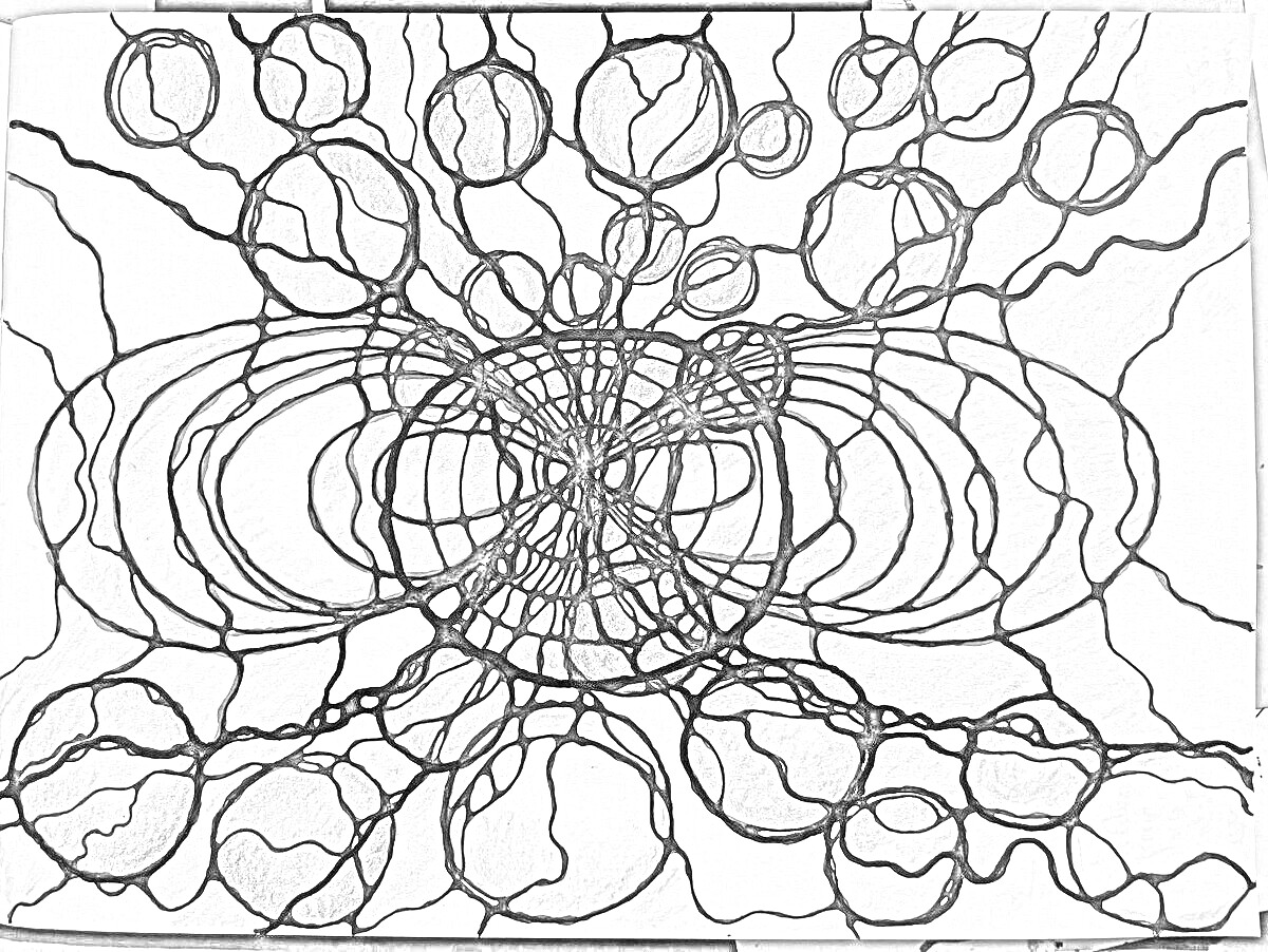 Раскраска Нейрографика с разноцветными кругами и линиями