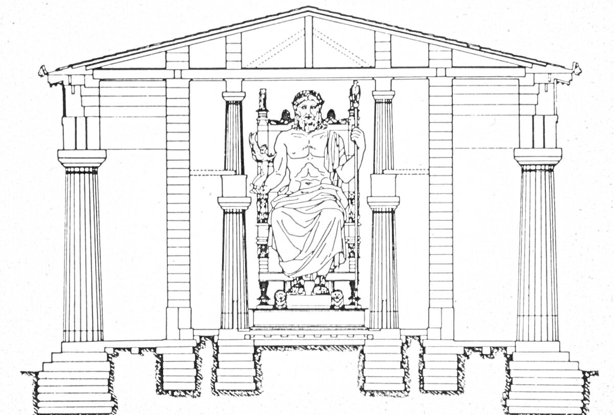 Раскраска Древнегреческий храм с колоннами и статуей внутри, сидящая фигура на троне, фронтальный вид