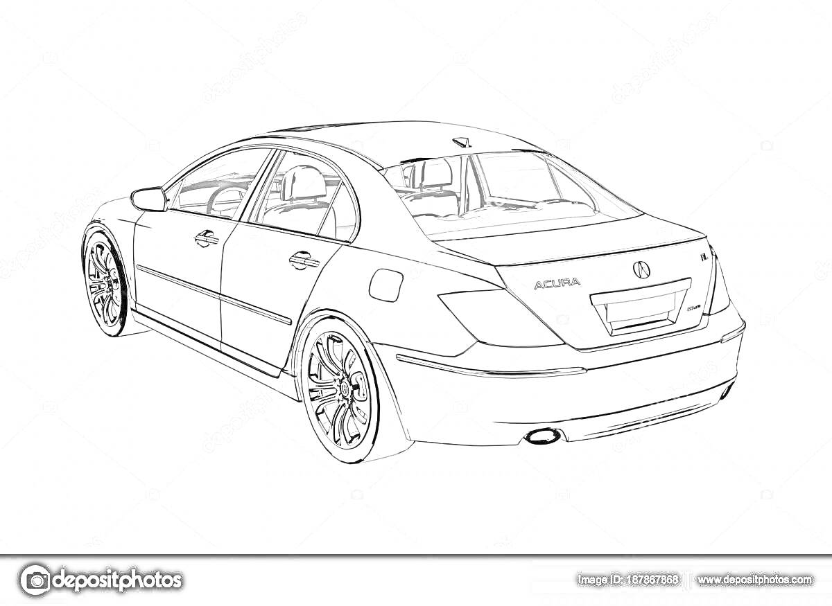 Раскраска Линия эскиз автомобиля Acura с четырьмя дверями и задними световыми сигналами