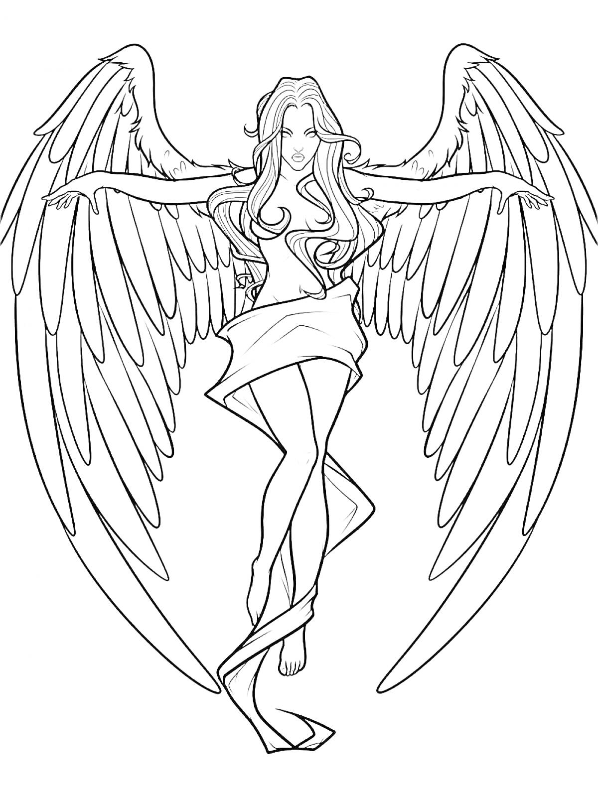 Раскраска Ангел с расправленными крыльями в развевающейся одежде