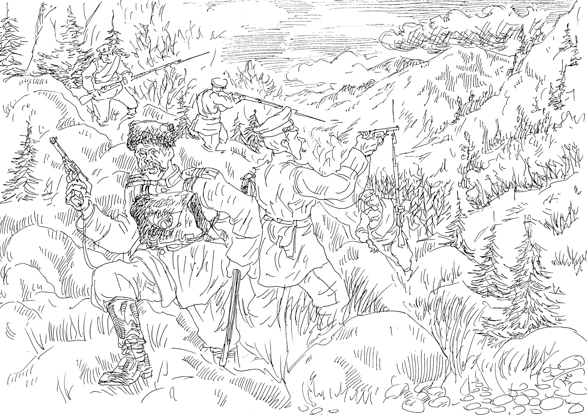 Раскраска Бородинское сражение – бой солдат на холмистой местности среди деревьев и гор. На переднем плане двое солдат ведут огонь, один из которых в традиционной казачьей форме. На заднем плане видны другие бойцы и красивая горная природа.
