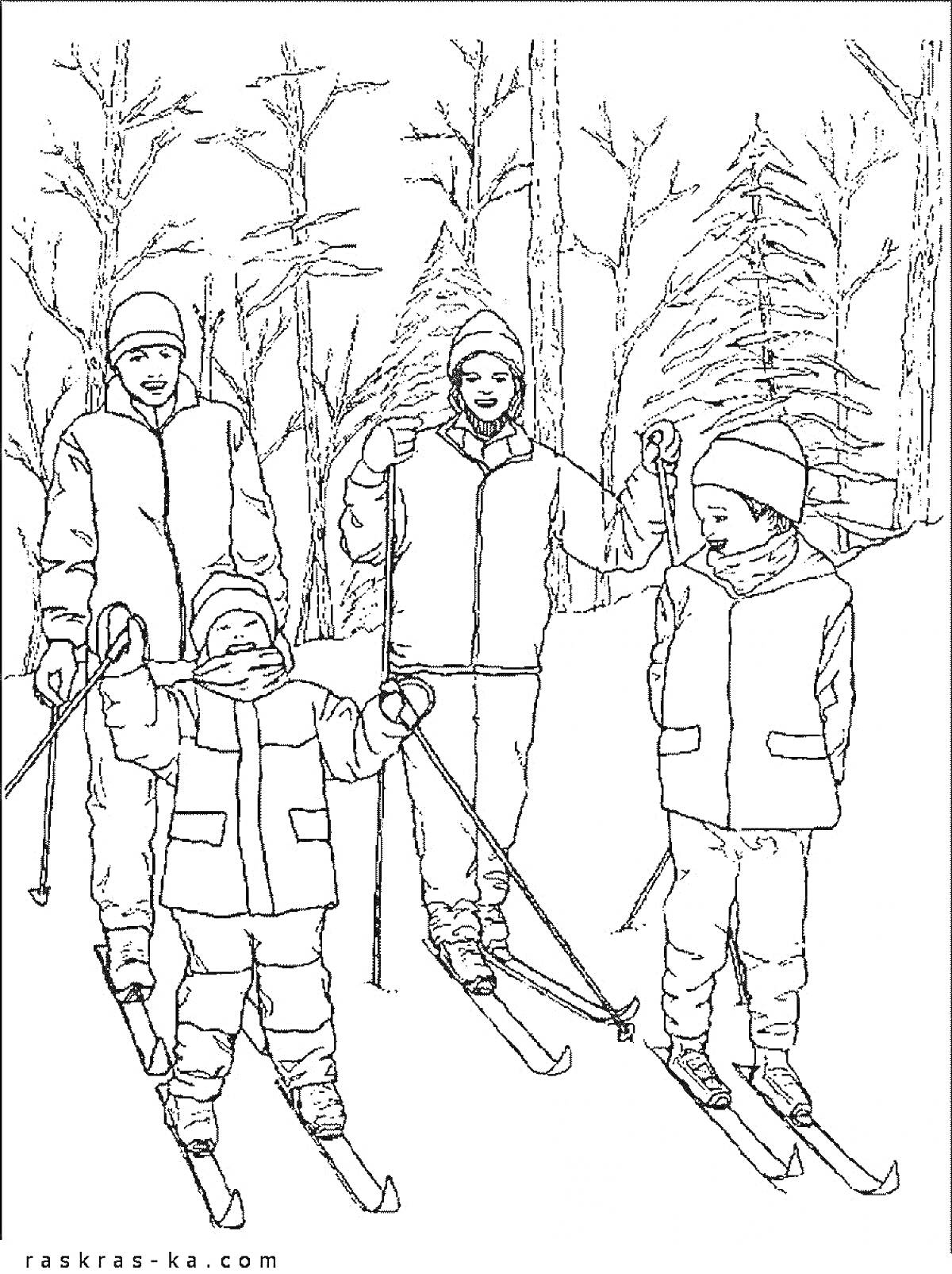 На раскраске изображено: Семья, Катание на лыжах, Зимний лес, Зима, Лыжи, Деревья, Снег, Прогулка, Родители, Природа