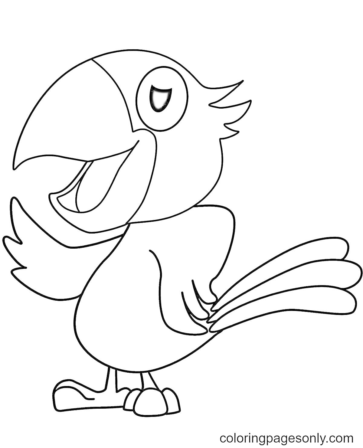Раскраска Попугай, стоящий на одной лапке с открытым клювом и приподнятым крылом. Черно-белая раскраска.