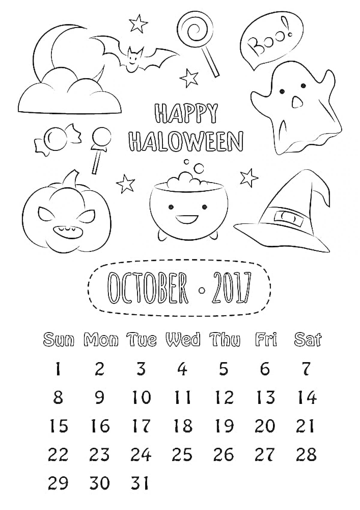 Раскраска Календарь на октябрь 2017 года с элементами Хэллоуина: летучая мышь, ведьмин котел, шляпа ведьмы, привидение, надпись 'Boo!', тыква-фонарь, леденец на палочке, звезды, облако и конфеты.