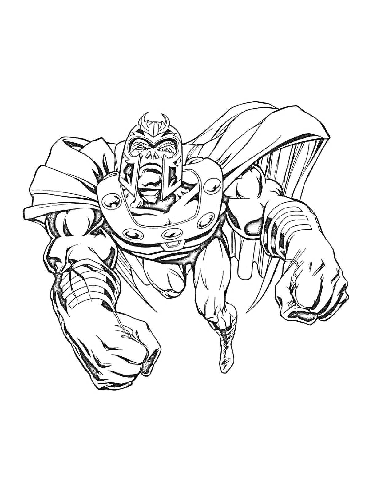 РаскраскаВерховный супергерой в шлеме и плаще, готовящийся к атаке