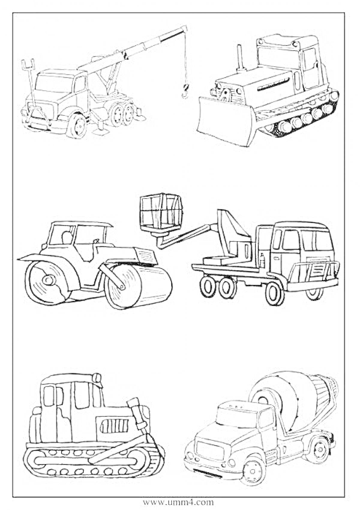 Раскраска Строительная техника — кран, бульдозер, дорожный каток, погрузчик, экскаватор, бетономешалка