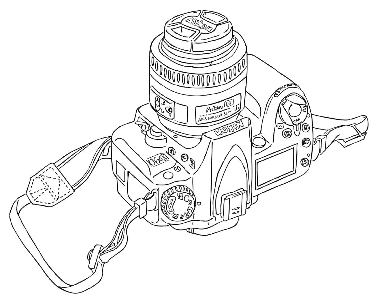 Раскраска Фотоаппарат с объективом, ремнем и кнопками управления