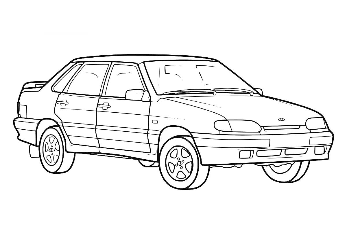 Раскраска Раскраска машины Лада с пятью дверями, четырьмя колёсами и спойлером