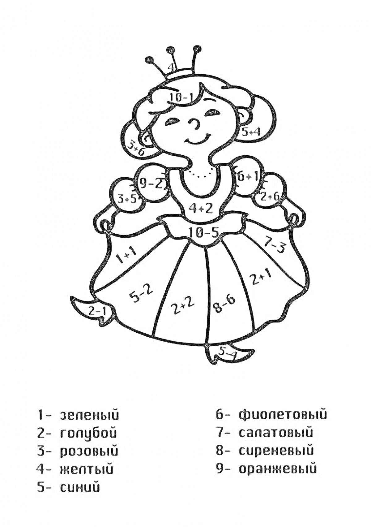 Раскраска Раскраска с принцессой, сложение и вычитание в пределах 10