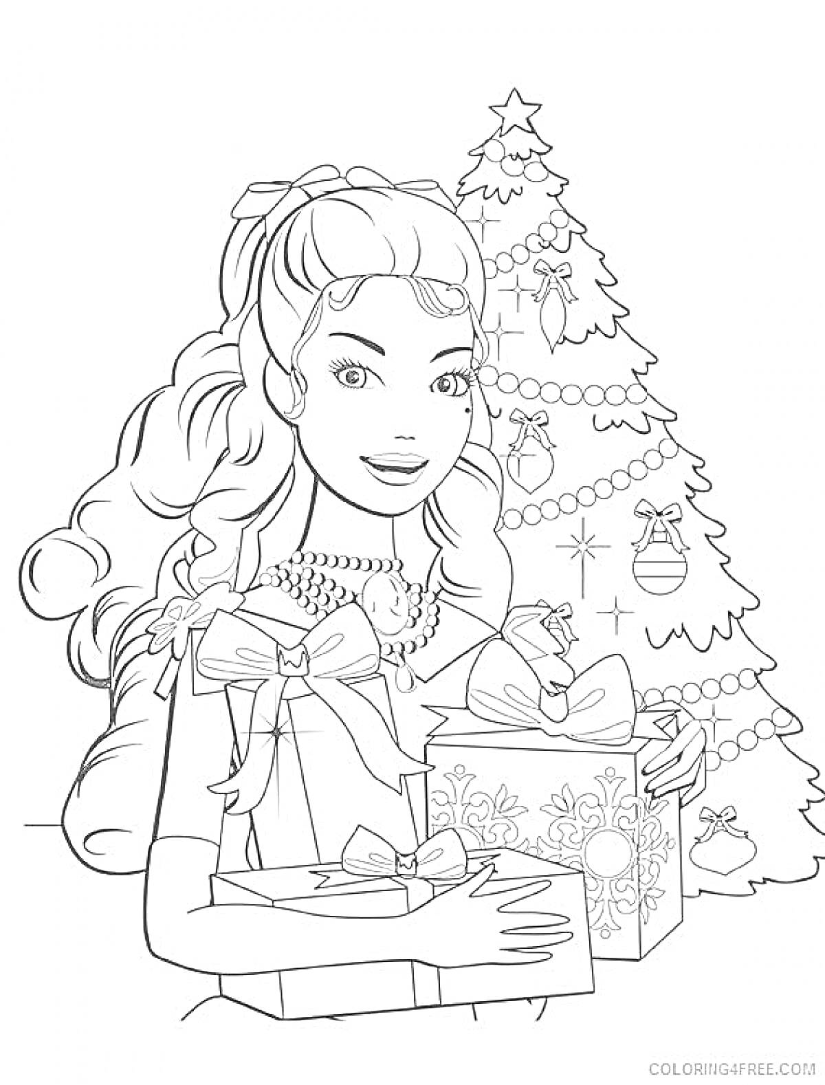 Раскраска Девушка с праздничными подарками на фоне новогодней ёлки